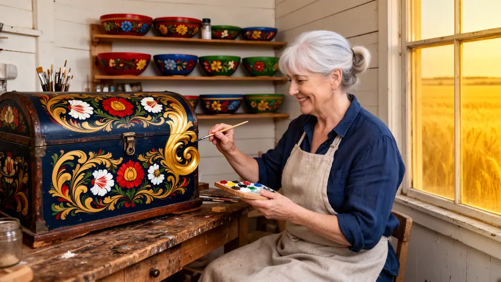 Folk artist painting bold floral rosemaling on a wooden trunk, painted bowls on shelves